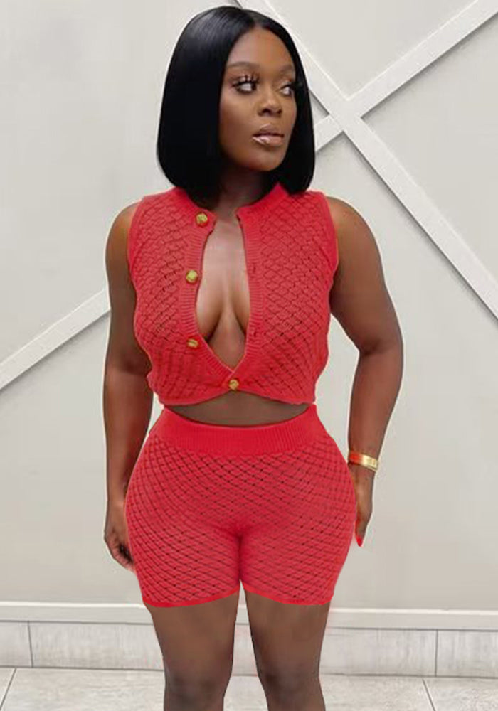 women's fashion solid color Sleeveless Knitting Two Piece Shorts Set for women