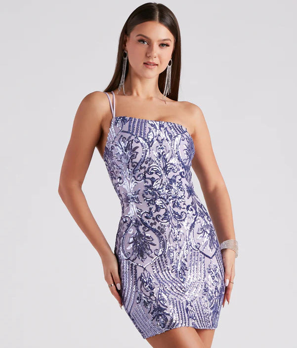 Summer Fashion Sexy Slash Shoulder Strap Sequin Mini Bodycon Dress Formal Party Gown