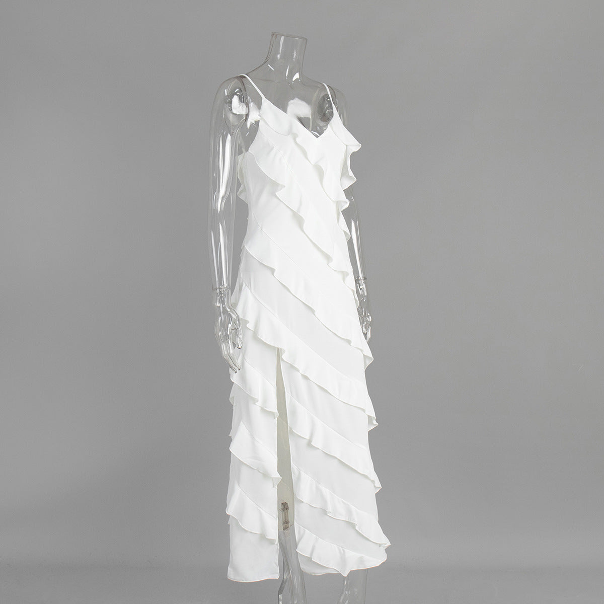 Patchwork Ruffle Strap Sexy Slit Long Dress 10