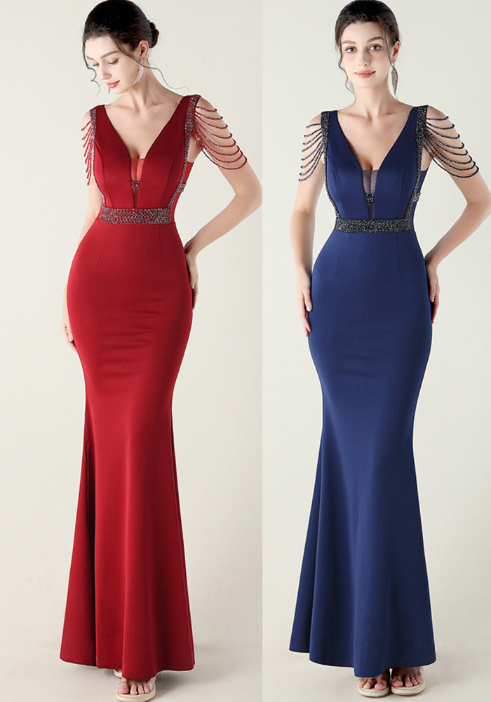 Deep V-Neck Beaded Slim Fit Formal Parties Weddings Evening Dress