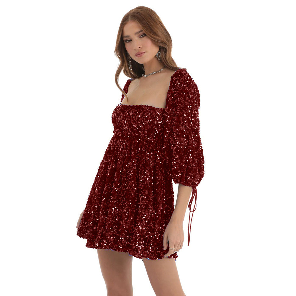 Plus Size Women Sequin Summer Casual Round Neck Short Sleeve Solid Dress 13