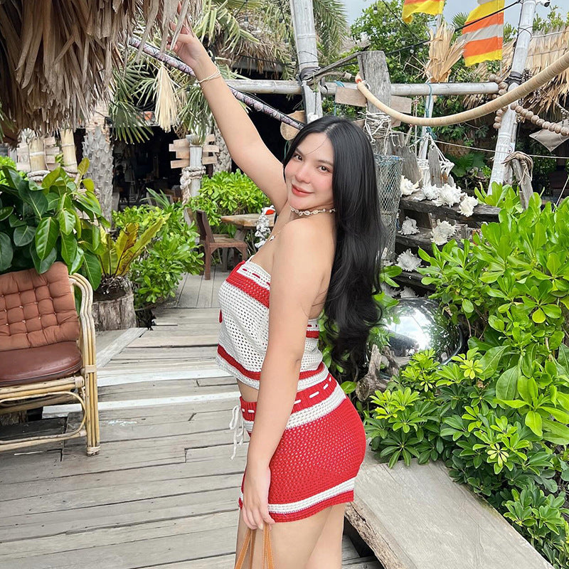 Summer Women's Fashion Knitting Drawstring Contrast Stripes Strapless Two-Piece Shorts Set 6