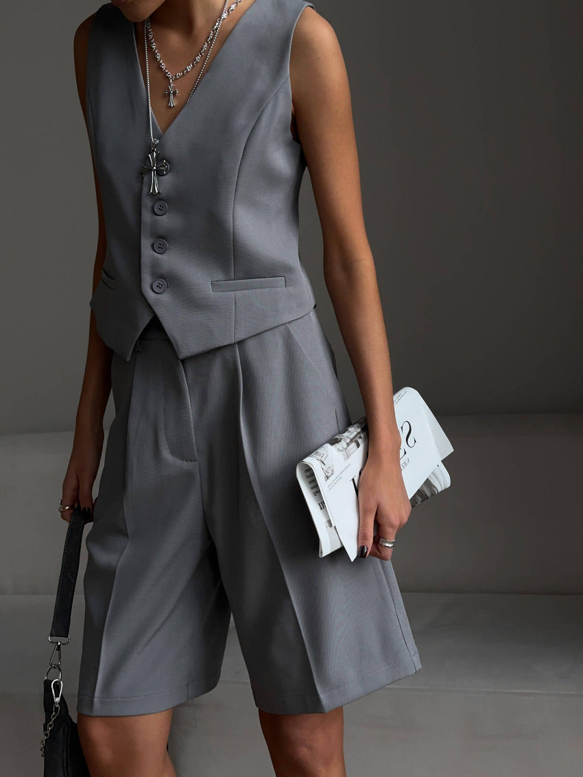 Women v-neck single-breasted vest + shorts two-piece set 6