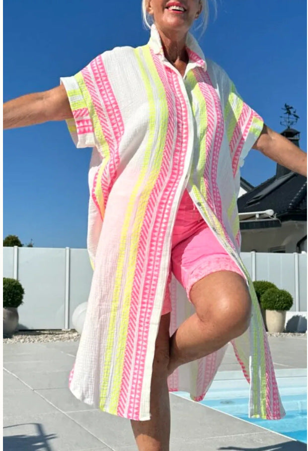 Women Summer Print Holidays Button Shirt Dress