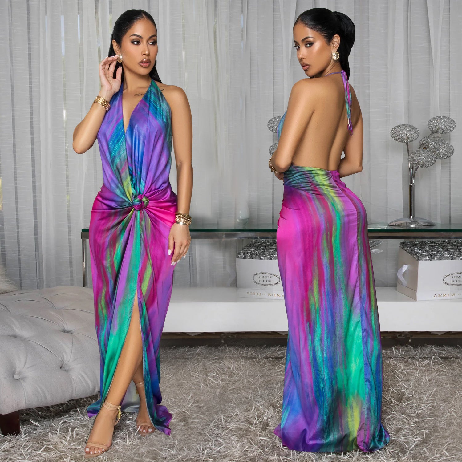 Women Elegant Sexy Lace-Up Print Dress 3