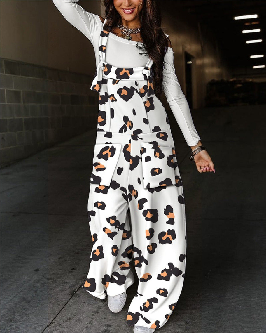 Women Fall Print Lace-Up Overalls 18