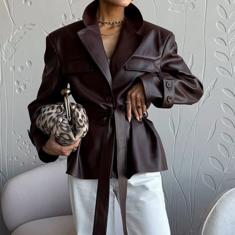 Spring Women's Leather Jacket Office Chic Blazer