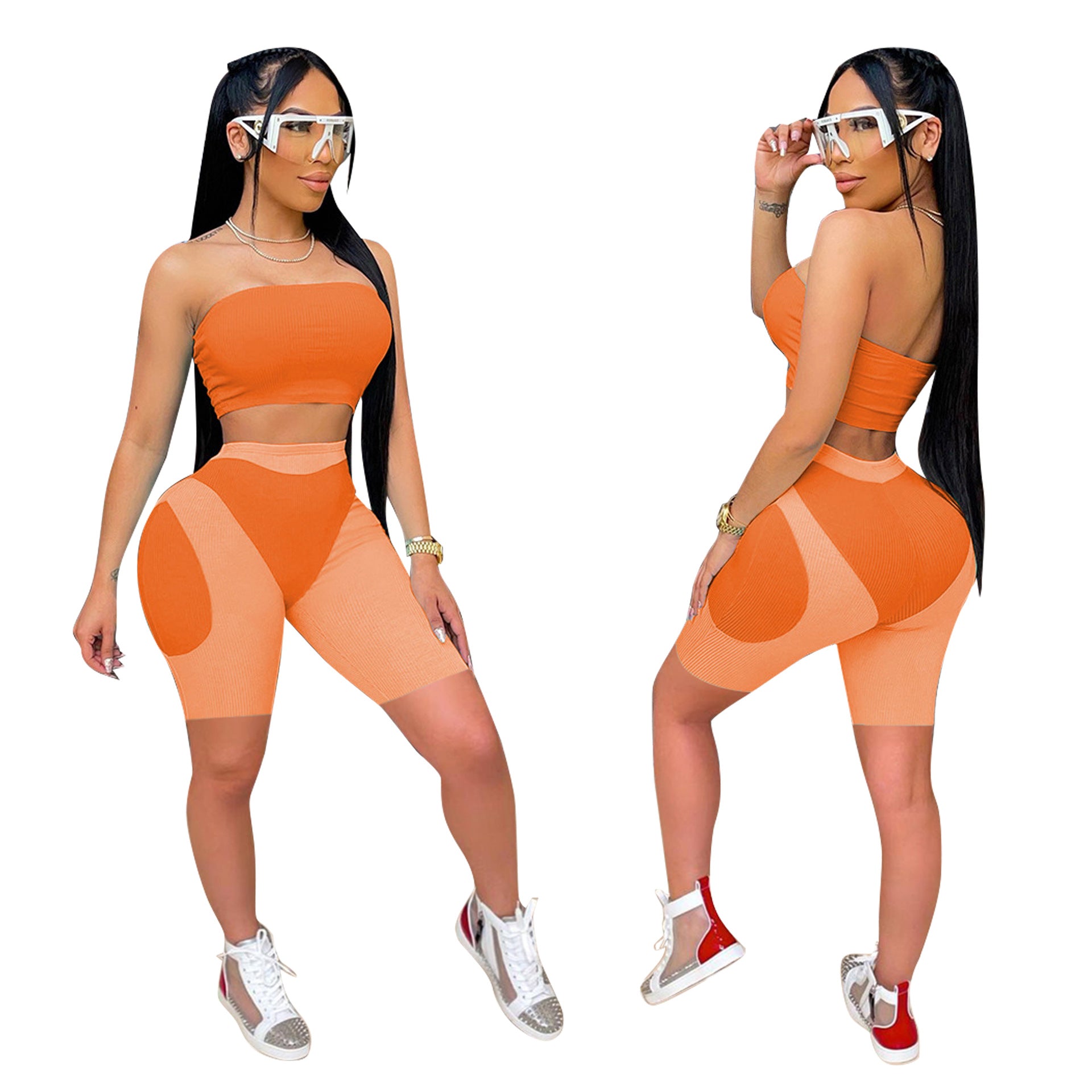 Women's summer fashionable color matching tight fitting strapless two-piece shorts set 5