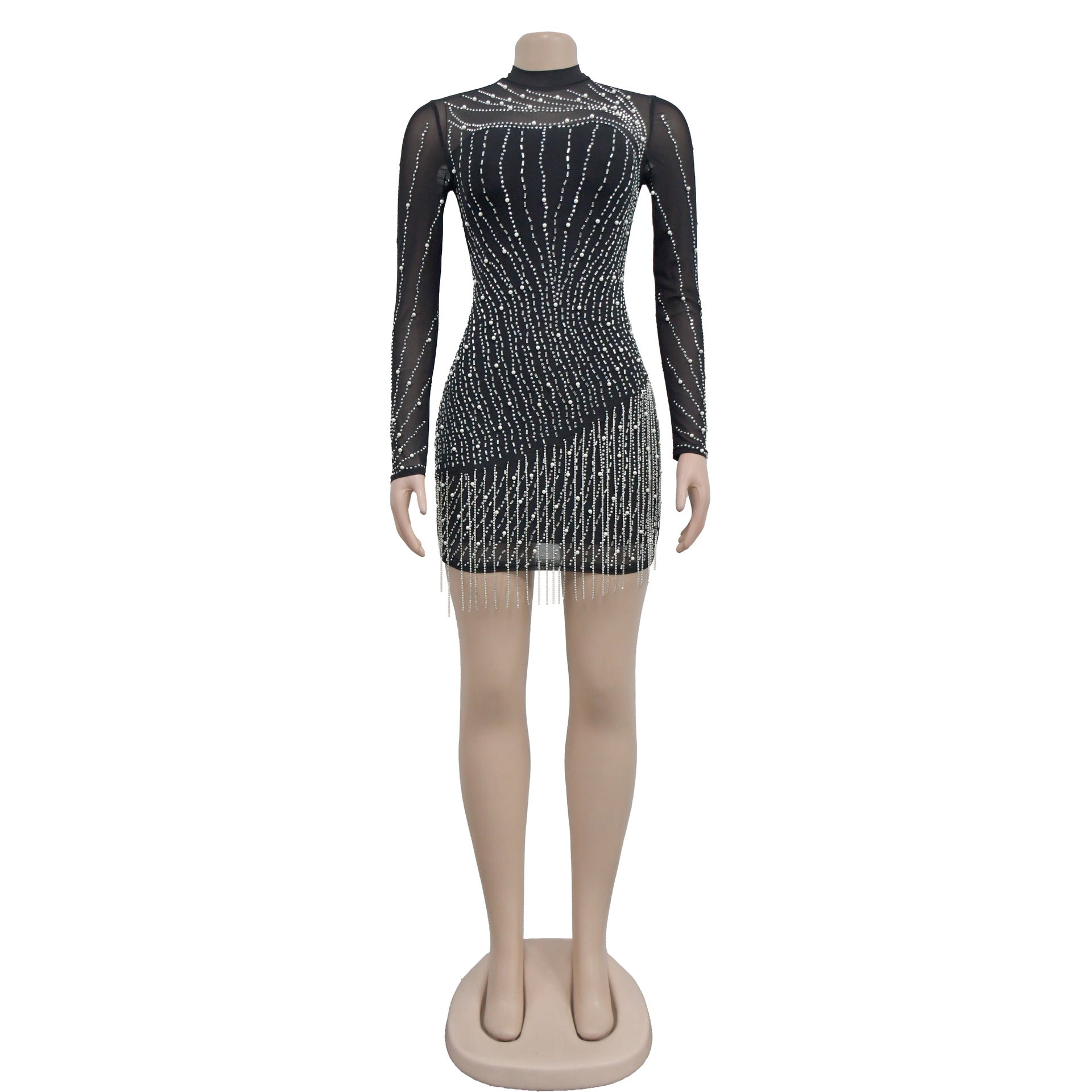 Women's Fashion Long Sleeve Mesh Beaded Bubble Bead Dress 8
