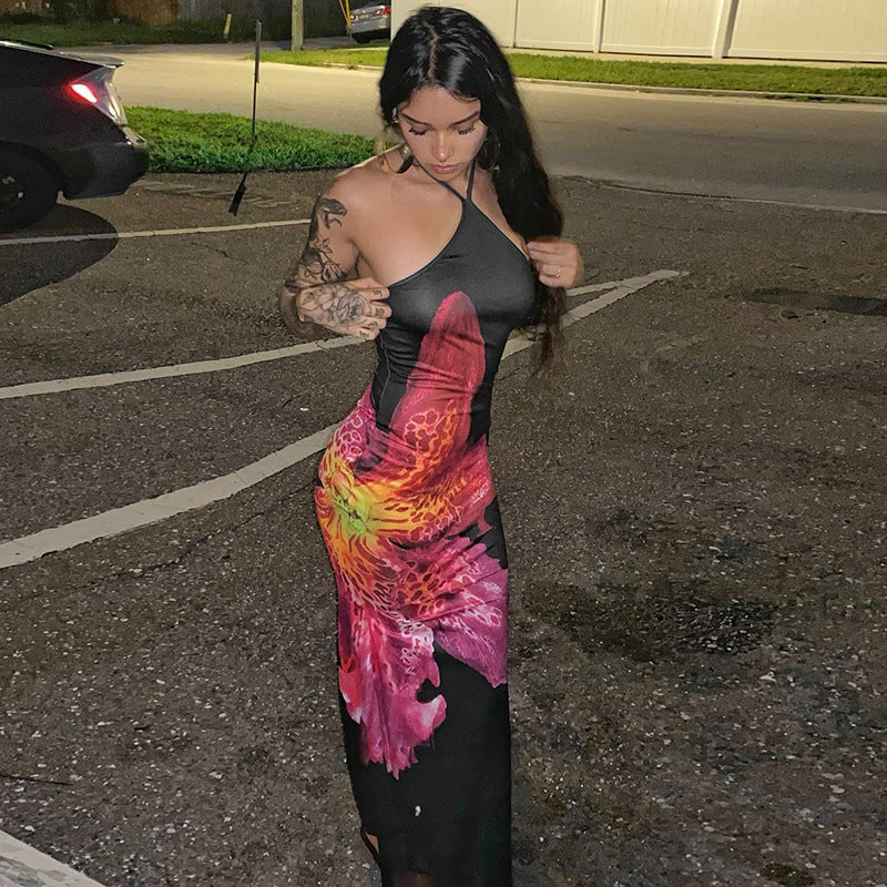 Women Floral Print Halter Neck Lace Sleeveless Bcakless Maxi Dress 12