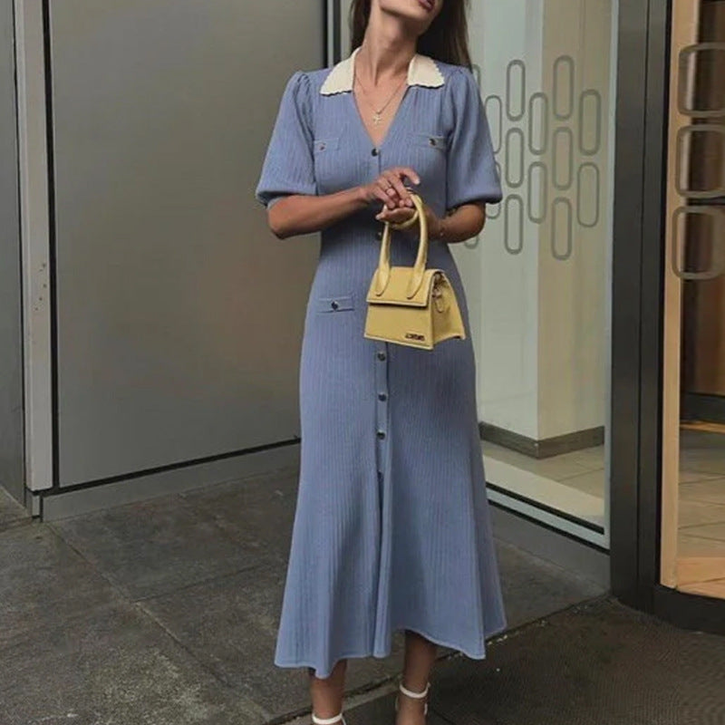 Fashion V-Neck Puff Sleeve Slit Long Sweater Dress Single-Breasted Chic Slim Waist Knitting Dress