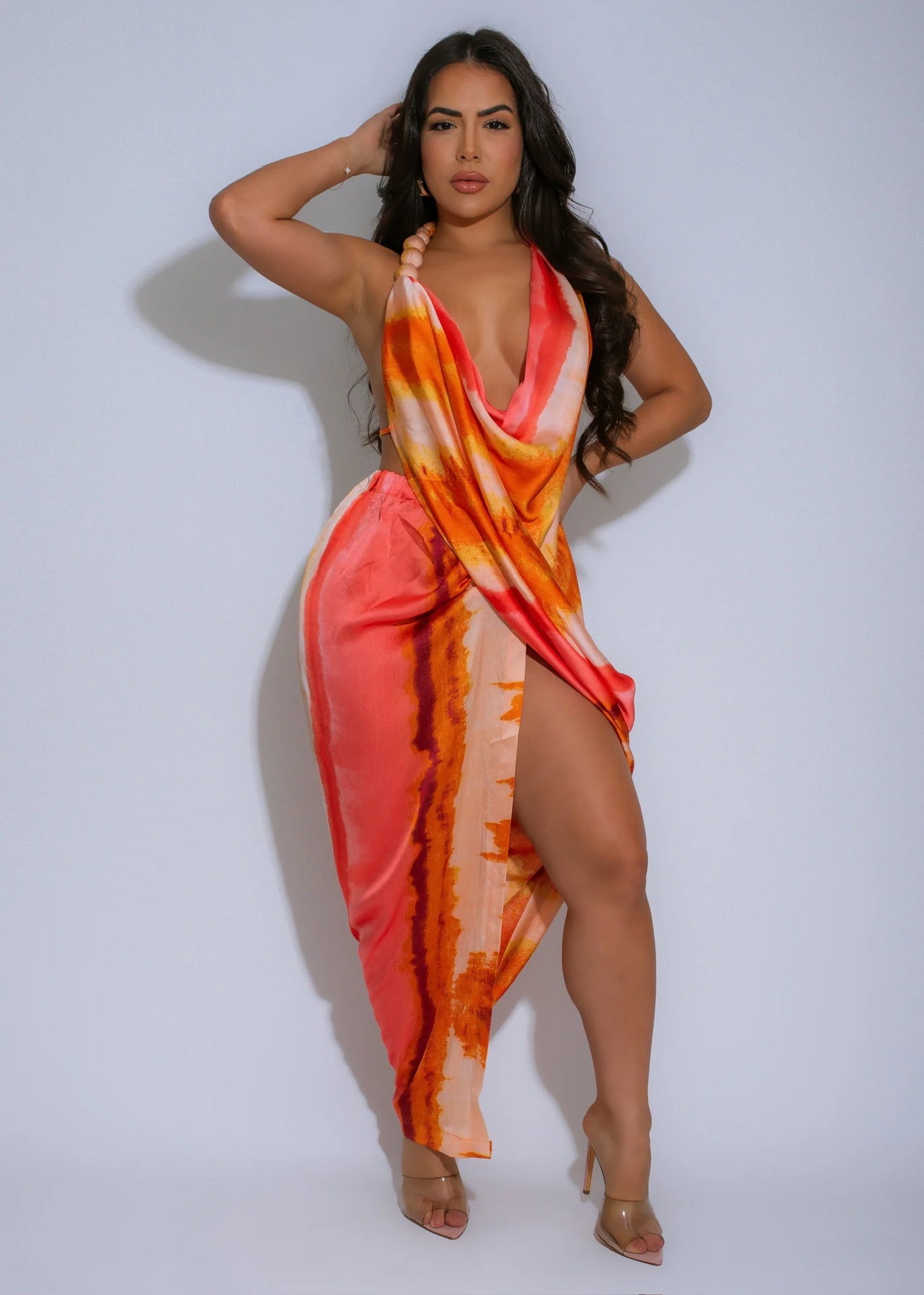 Deep V-Neck Sexy Printed Halter Slit Dress 5