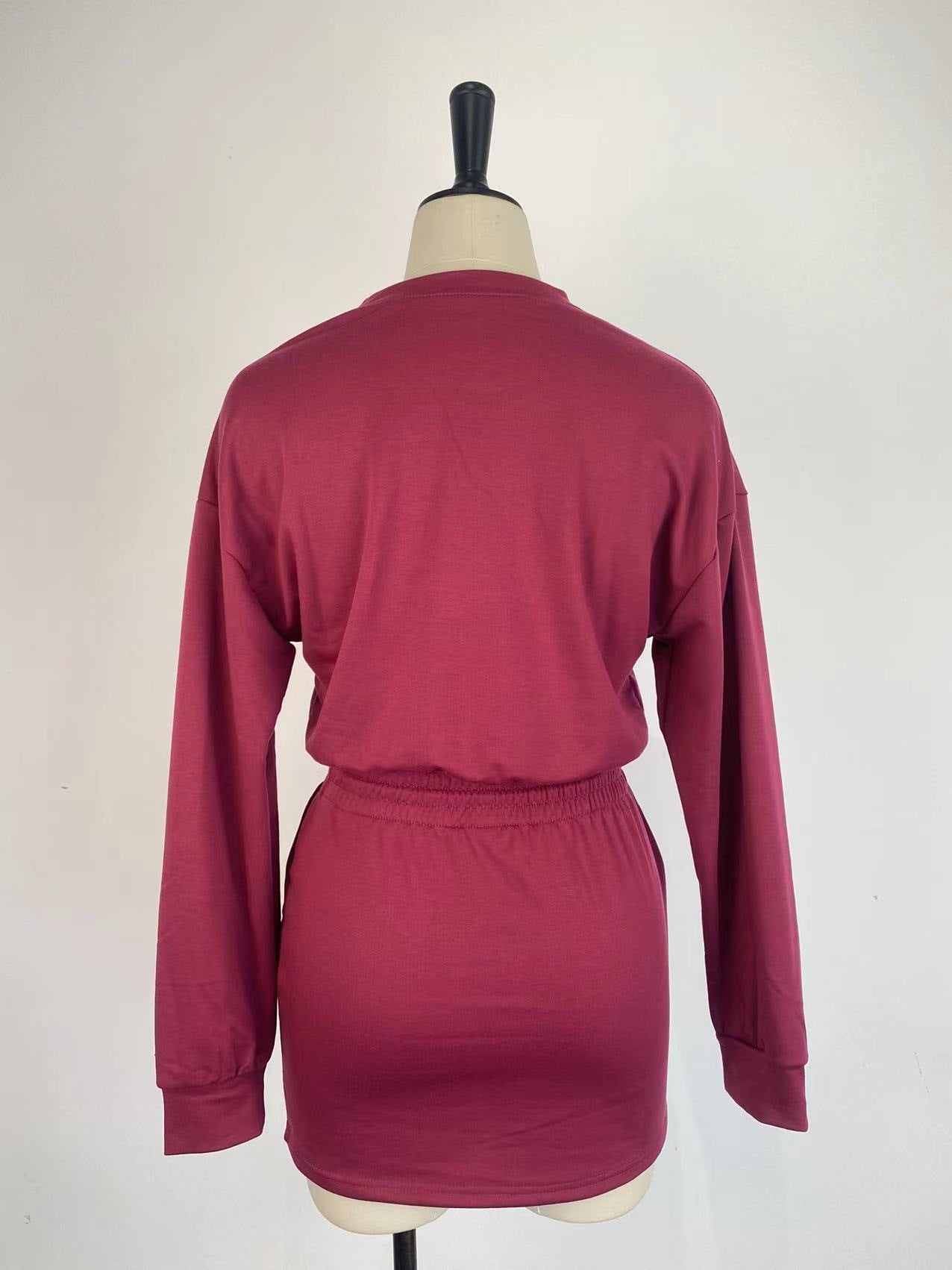 Women Long-Sleeved Solid Bodycon Skirt Two-Piece Set 19