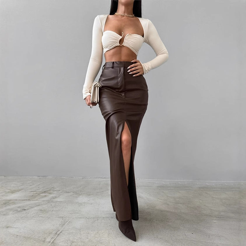 Women Slit Solid Pu-Leather Skirt 4