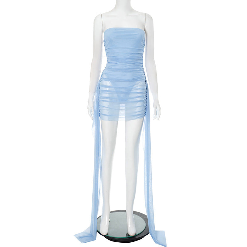 Women Mesh Strapless Ribbon Gathered Dress 6