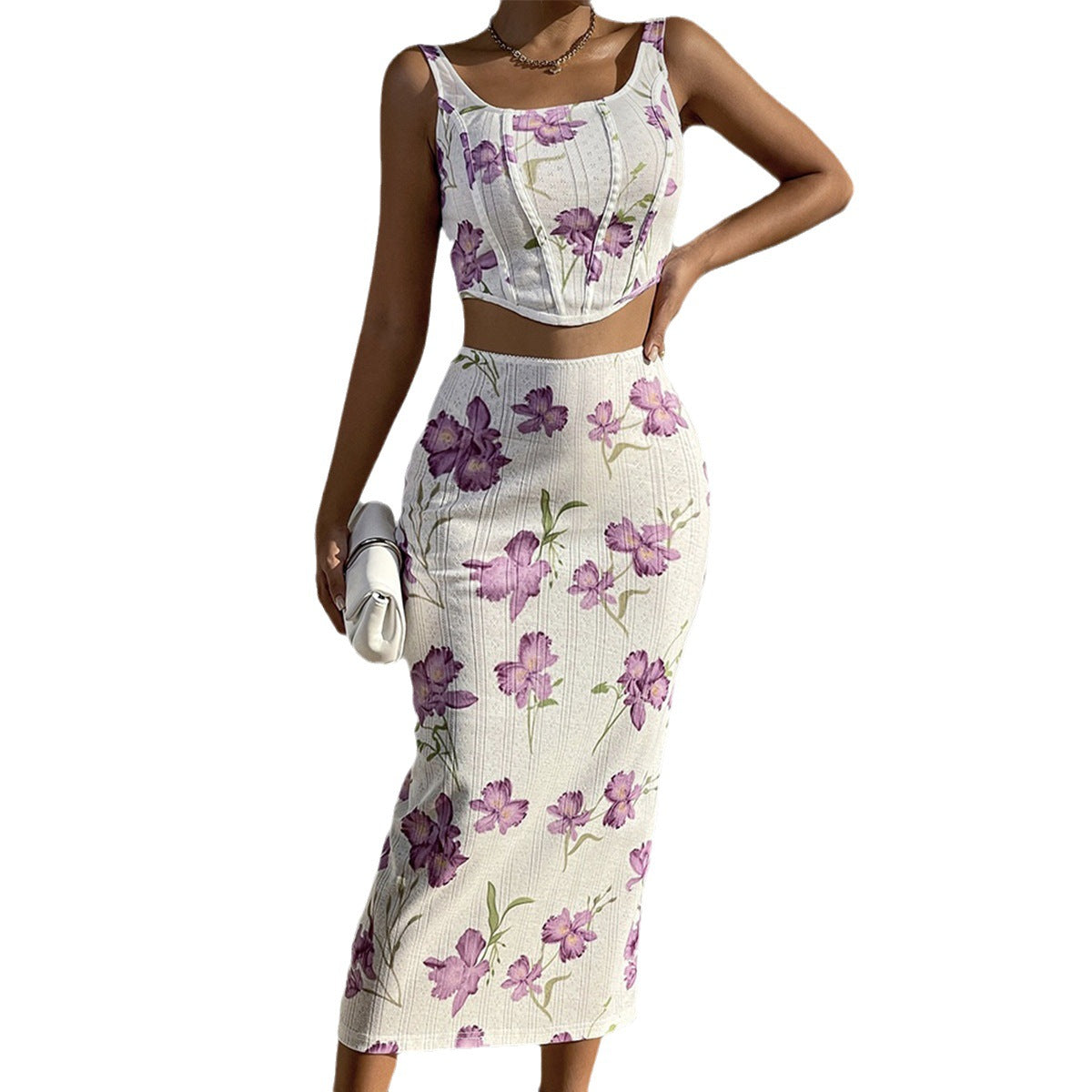 Women's Sexy Printed Camisole Slim Bodycon Skirt Two Piece Set 10