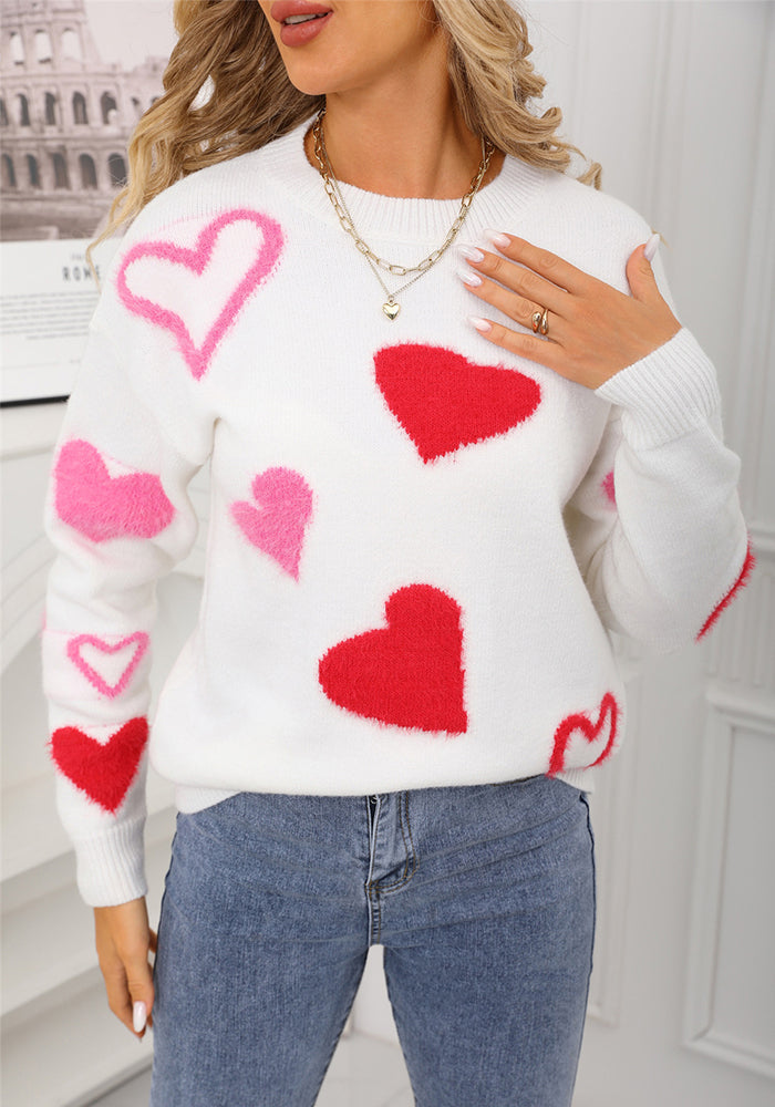 Spring Sweater Heart Print Valentine's Day Sweater Round Neck Knit Pullover Top