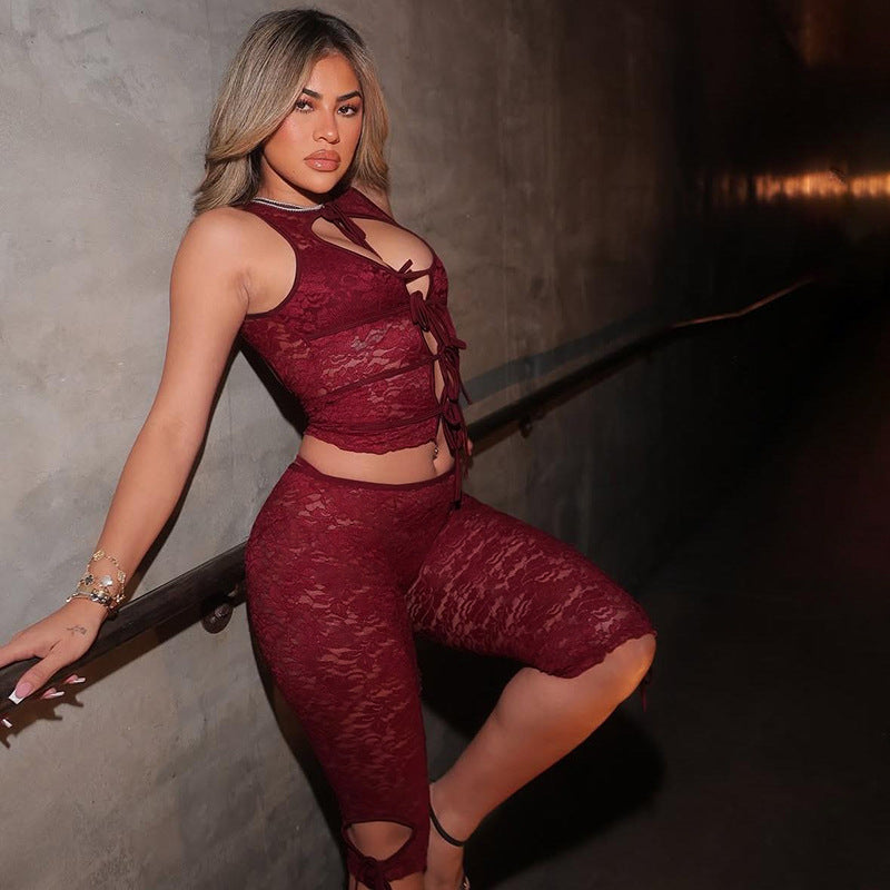 Summer fashion sexy low-cut lace Patchwork two piece shorts set for women 3