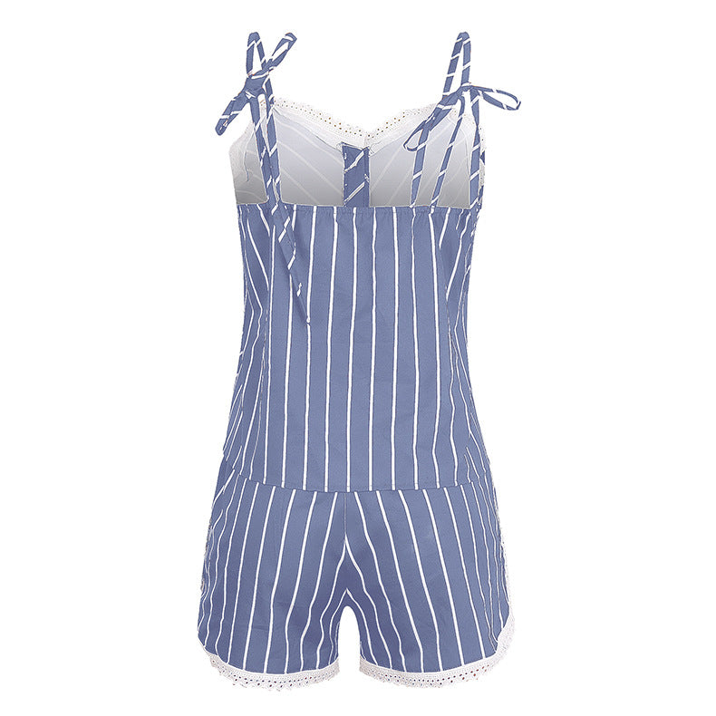 Summer Stripes Printed Strap Pajamas Two-Piece Home Clothes Set 28