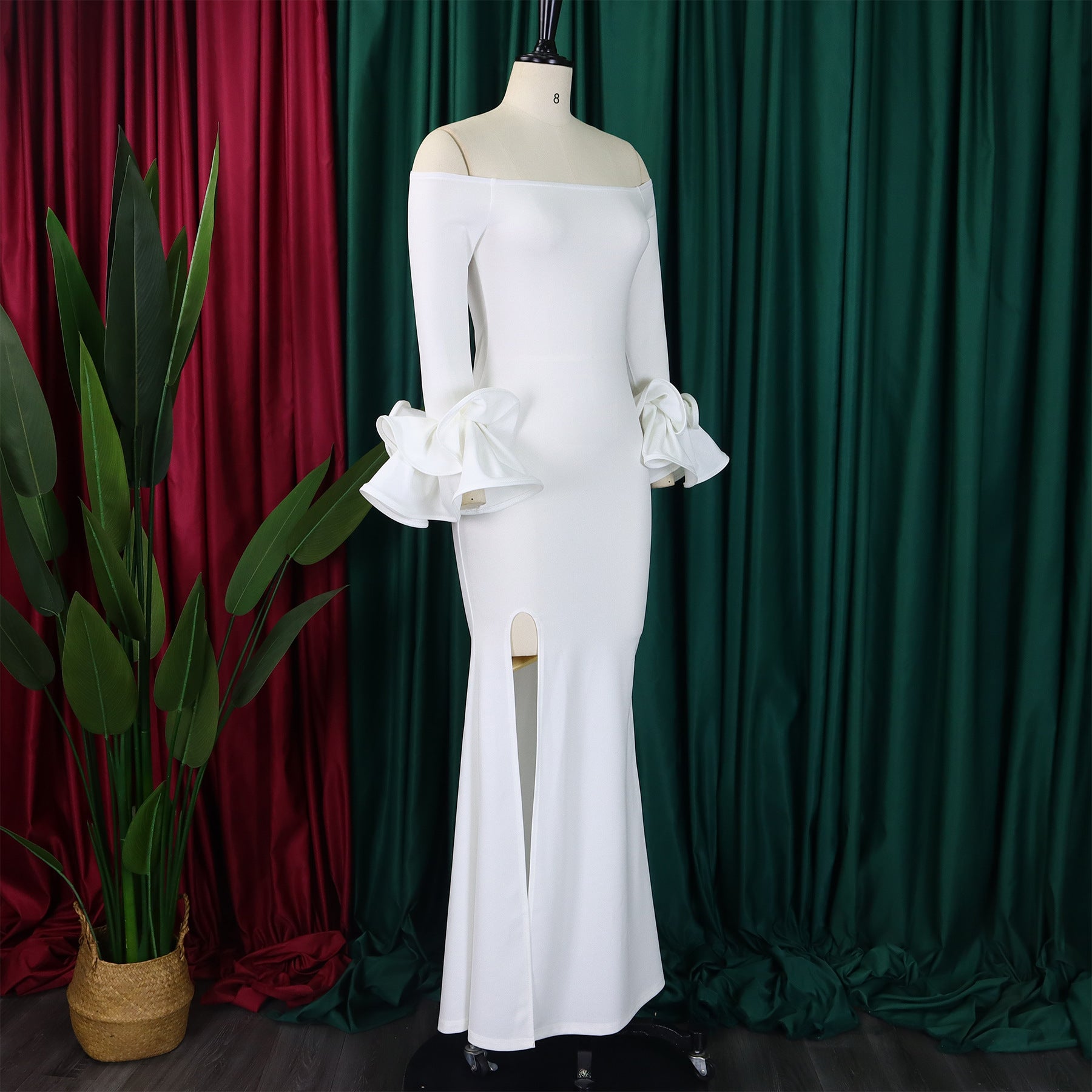 Fashionable And Elegant Off Shoulder Ruffle Sleeves Slit Formal Party Long Dress 10