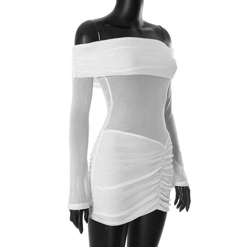 Women's Off Shoulder Mesh Patchwork Sequined Pleated Dress 7