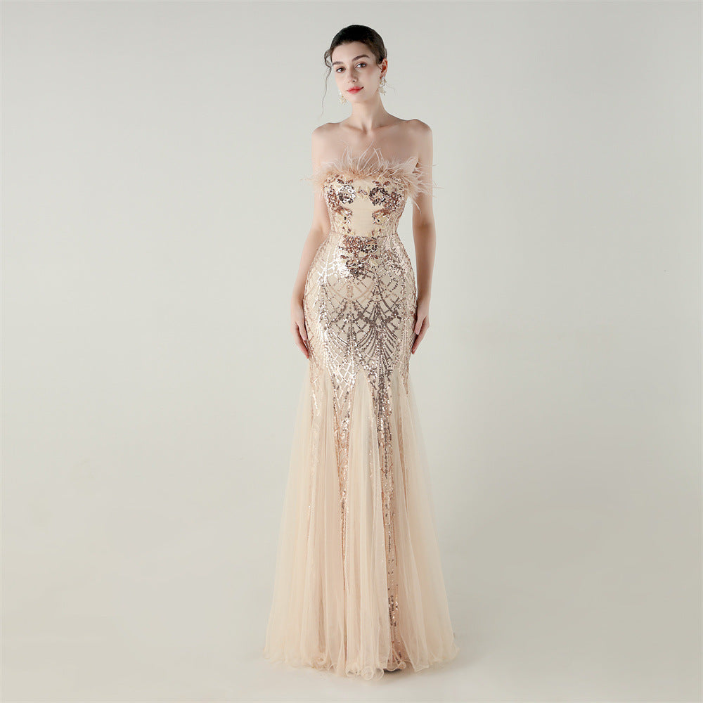 Women sequined tube flower ostrich feather Strapless cross Lace-Up Mesh Formal Party fishtail evening dress 23