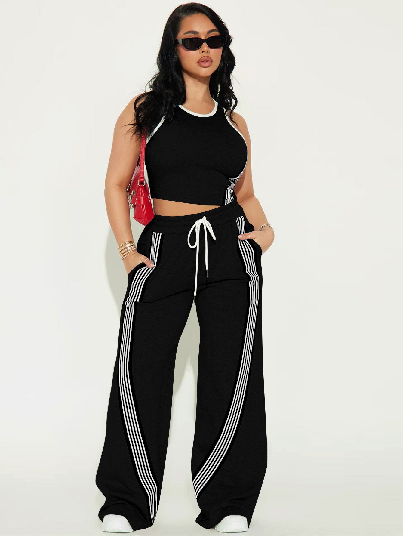 Women Casual Vest and Striped Pants Two-piece Set 3