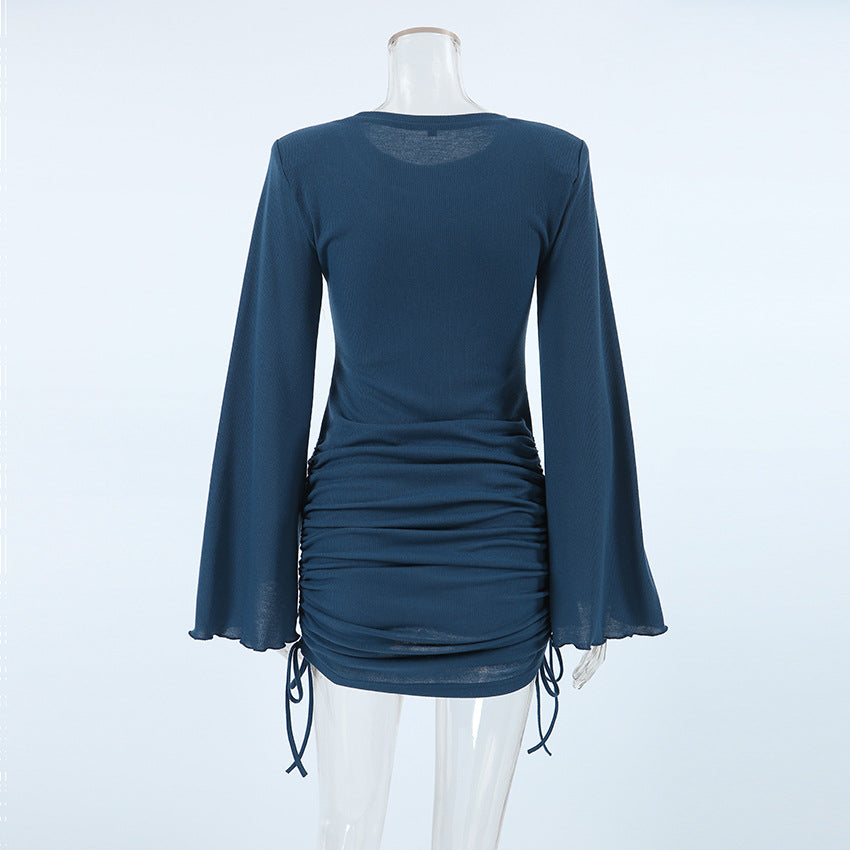 Women sexy Round Neck Bell Bottom sleeve lace-up knitting solid dress 11
