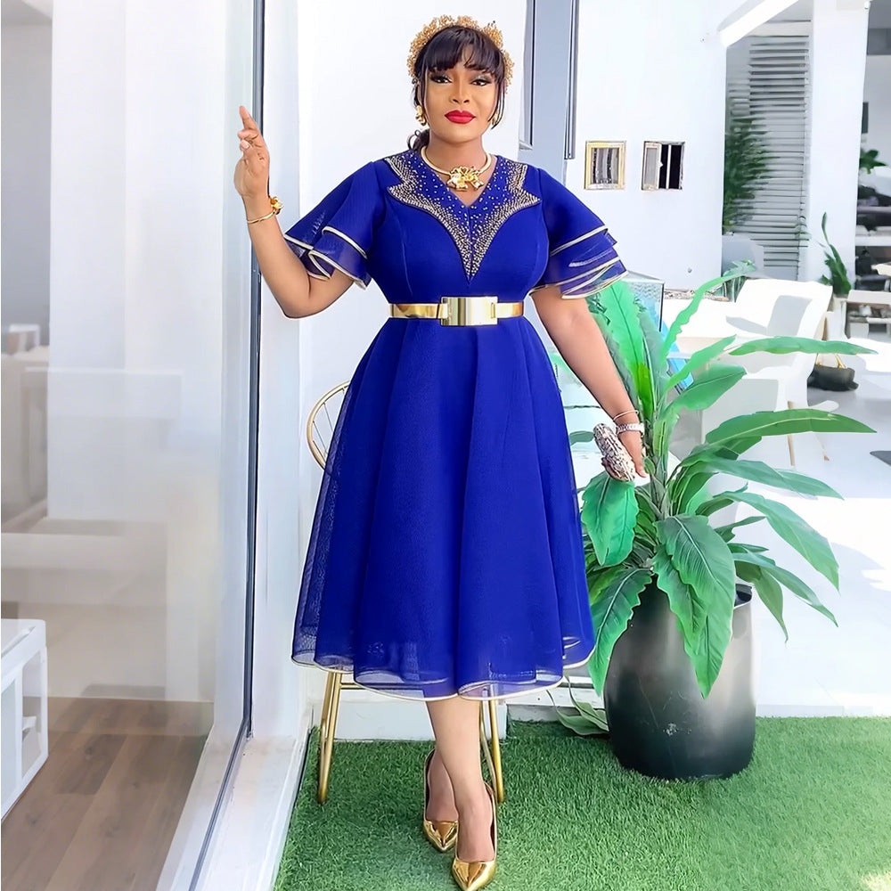 Plus Size African Women V-neck Bodycon Beaded Dress With Belt 5