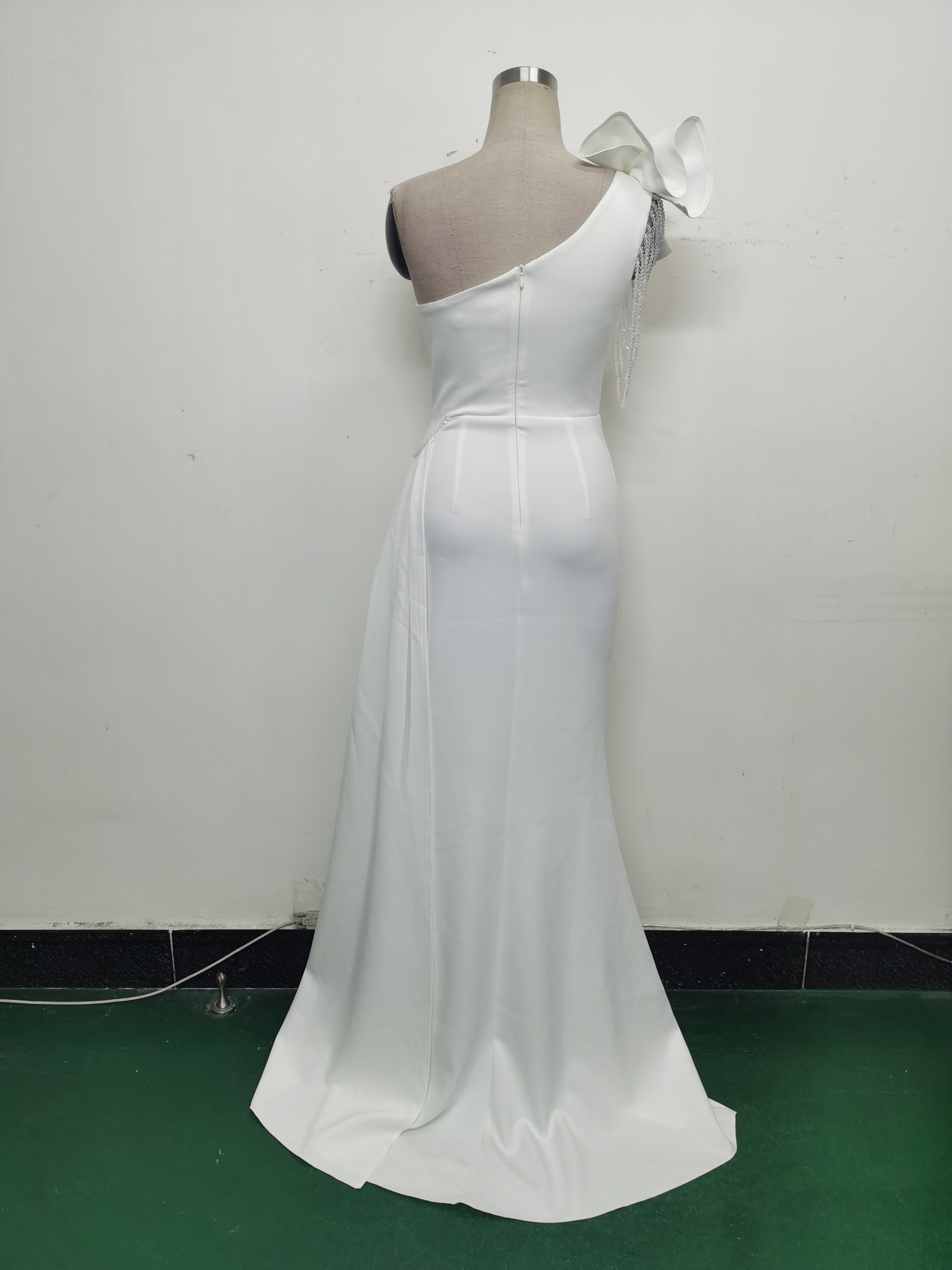 Women Beaded Flower Pleated Off-shoulder Split Evening Dress 31