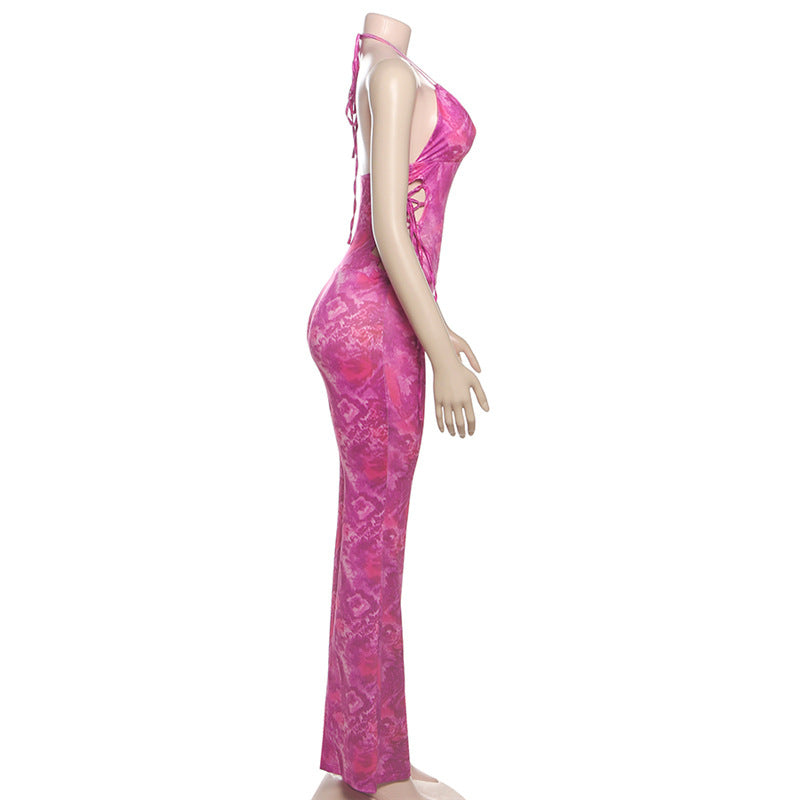 Spring Fashion Sexy Hollow Print Low Back Halter Neck Slim Fit Jumpsuit 7