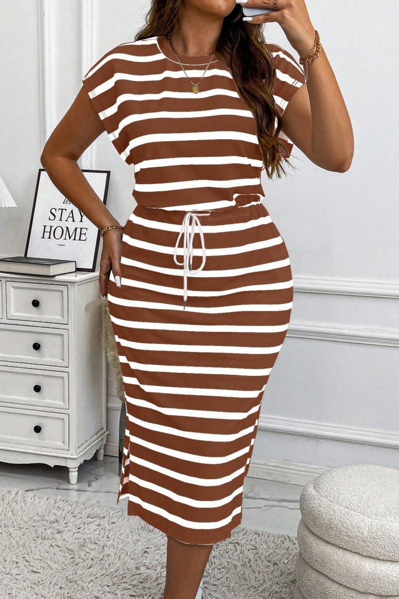 Women's Round Neck Stripe Print Drawstring Slim Waist Casual Dress 4