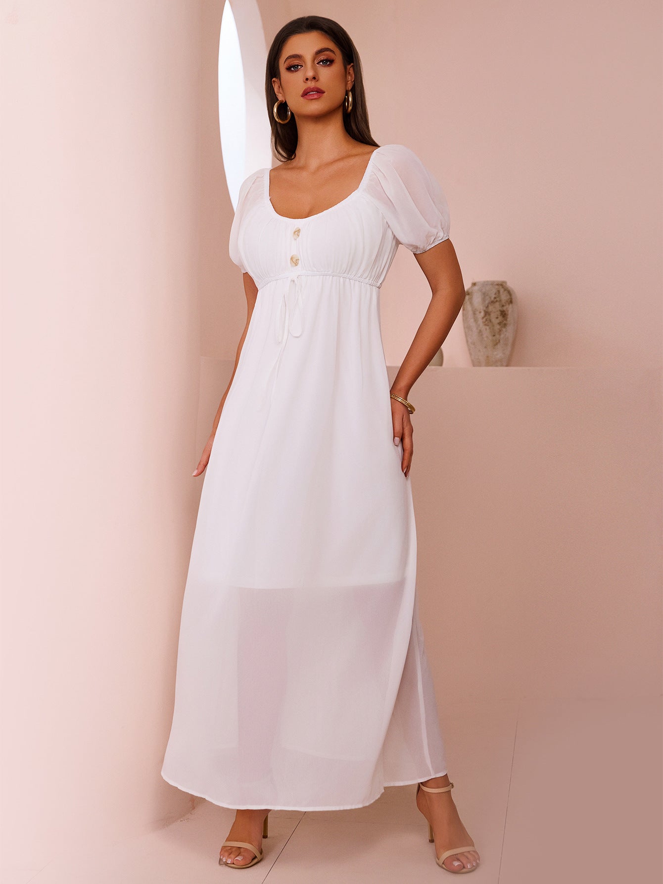 Summer Solid Color Square Neck Cotton Holiday Slim Waist Maxi Dress 4