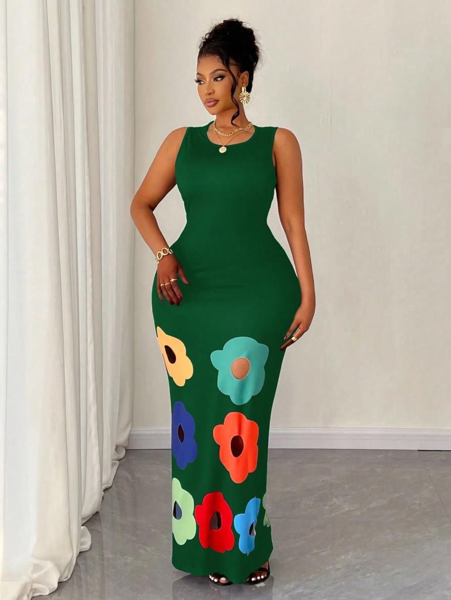 Summer Fashion Round Neck Sleeveless Positioning Print Cut-Out A-Line Dress 10