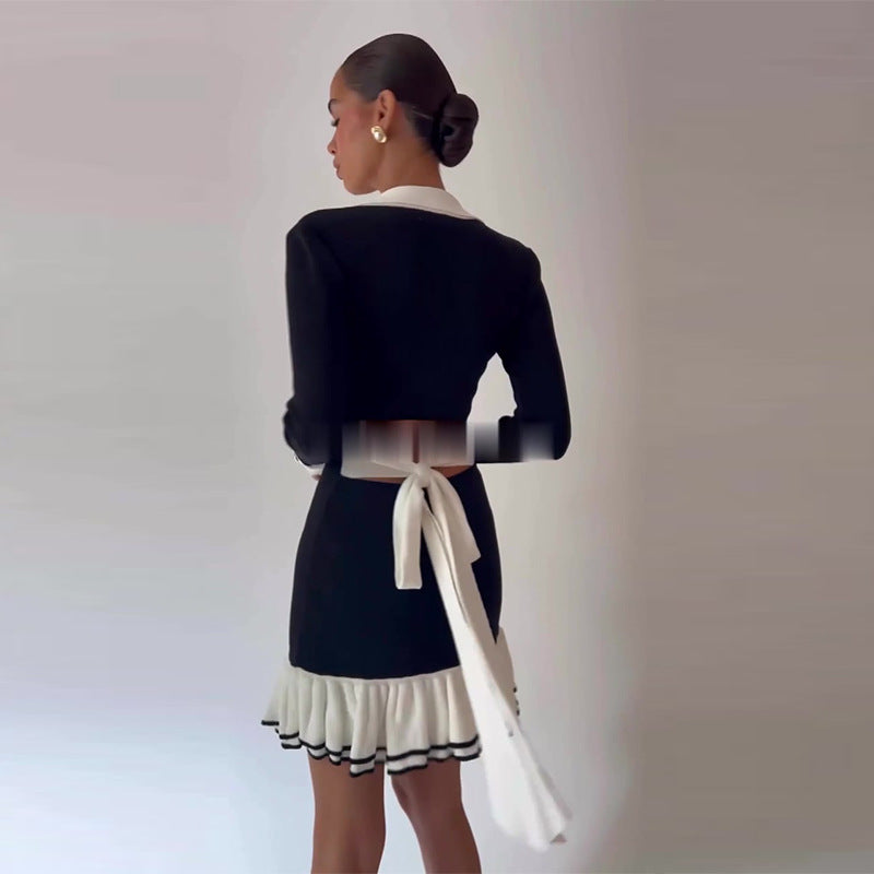 Women autumn contrast color lace up long sleeve dress 4