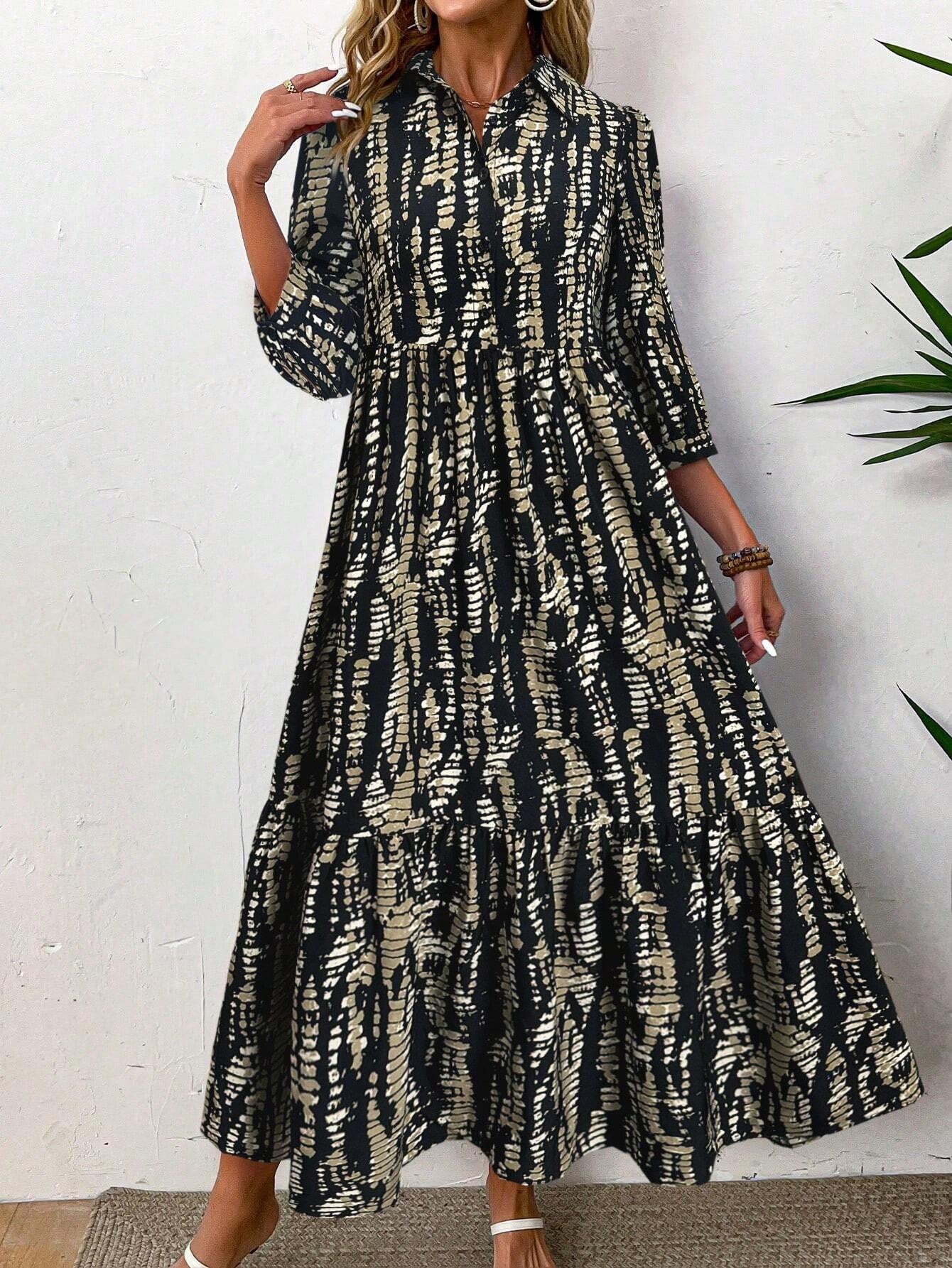 Printed Slim Waist Turndown Collar Long Sleeve Button Dress 4