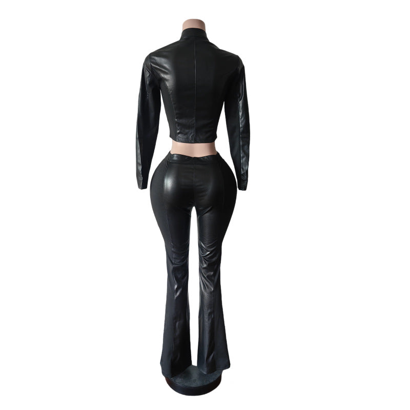 Women's Long Sleeve Casual Elastic PU Pants Set 13