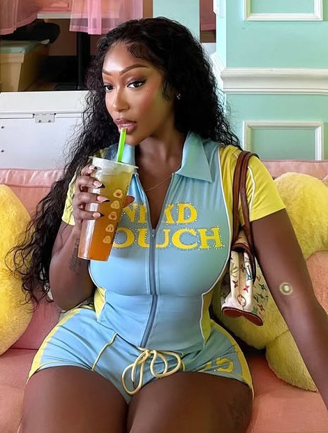 Women Summer Contrast Color Patchwork Letter Print Zipper Top and Shorts Two-Piece Set