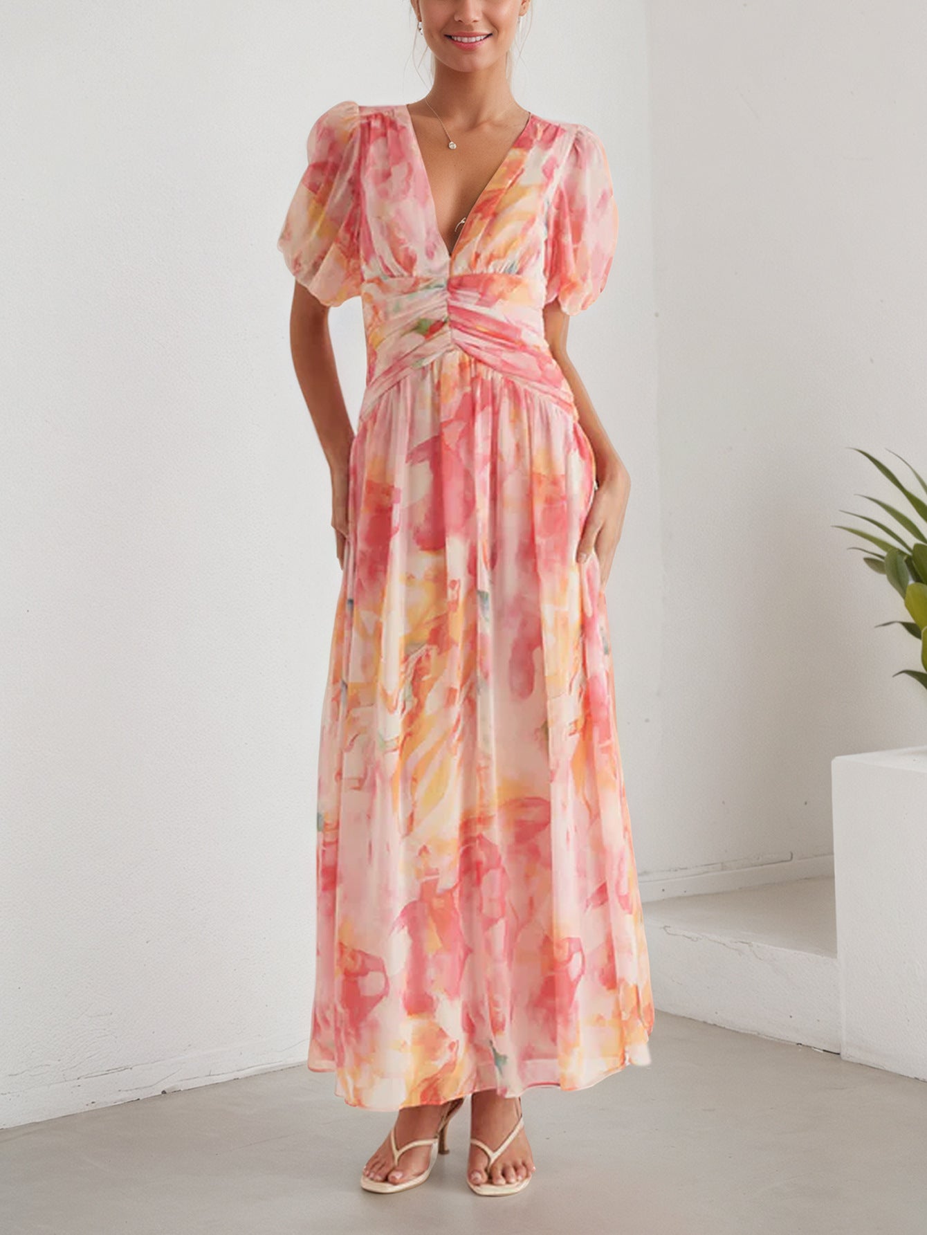 Women Holiday Chiffon V-Neck Short-Sleeve Zippered Print Dress