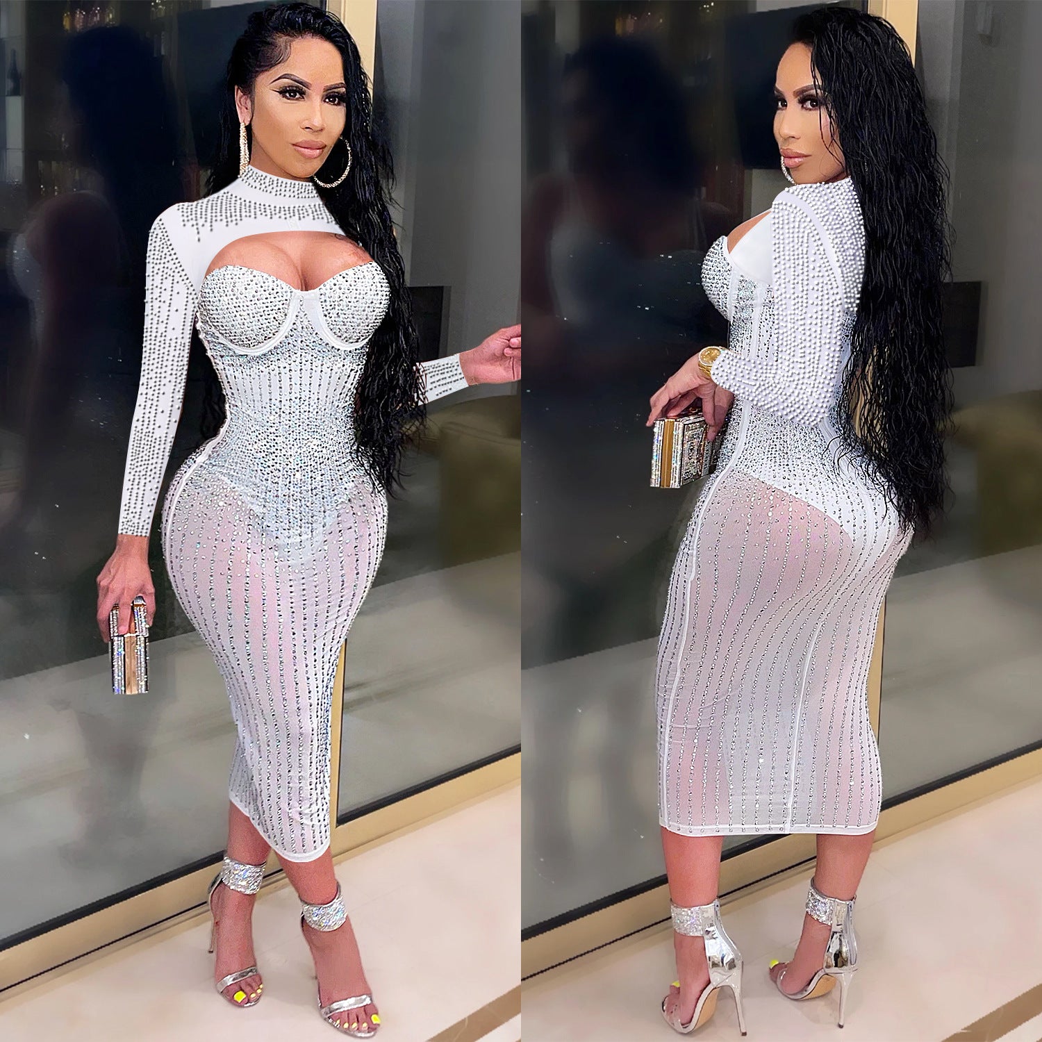 Women Mesh See-Through Beaded Strap Dress 5