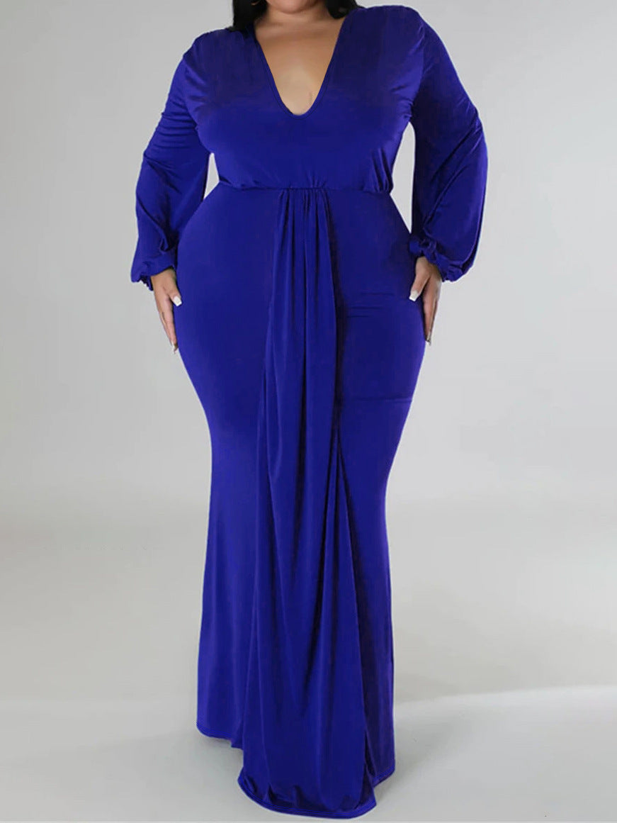 Women's Fashion Plus Size Elegant V Neck Solid Color Long Dress