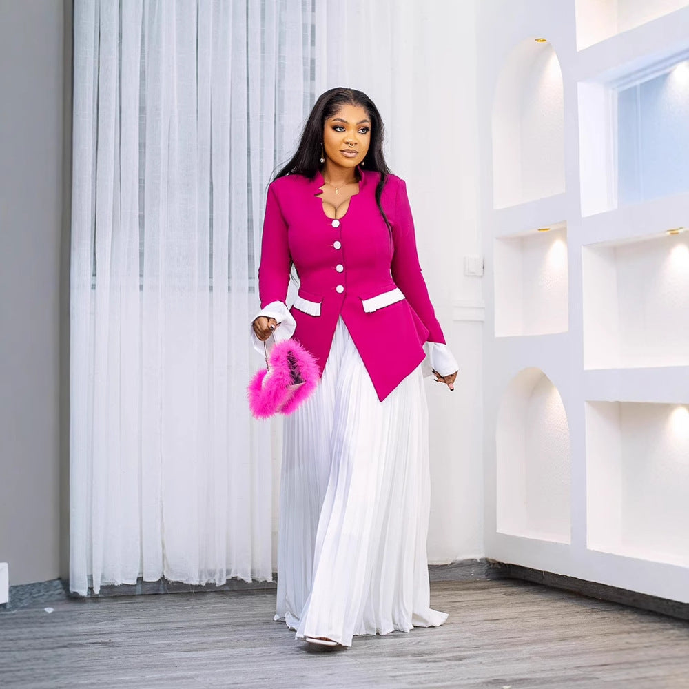 Plus Size Women Bell Bottom sleeves Top and pleated Skirt two-piece set 6