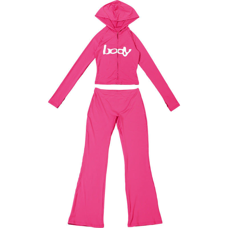 Women Fall/Winter Hooded Letter Print Zipper Top and Pants Two-Piece Set 43