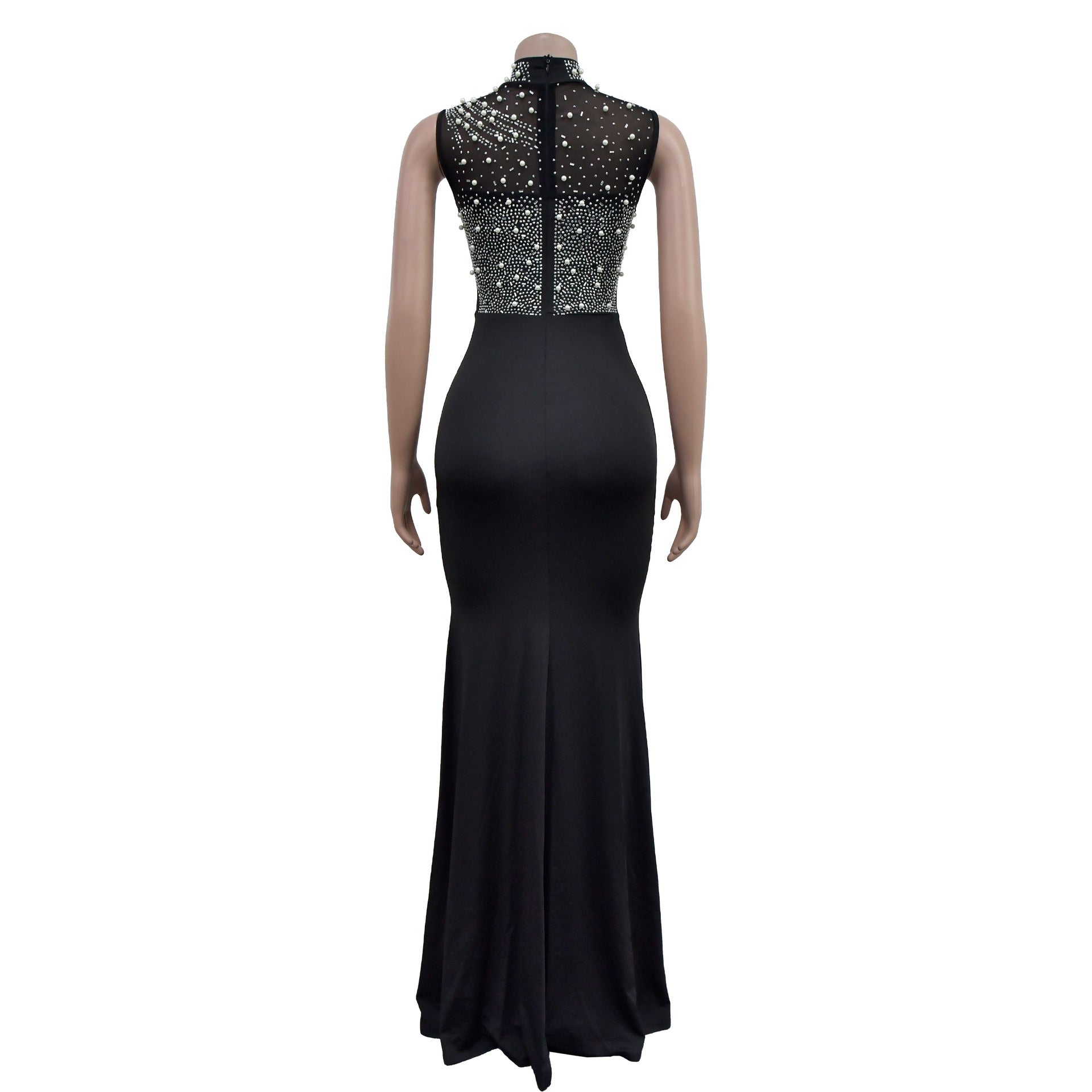 Fashion Women's Solid Color Beaded Mesh Sleeveless Long Dress 18