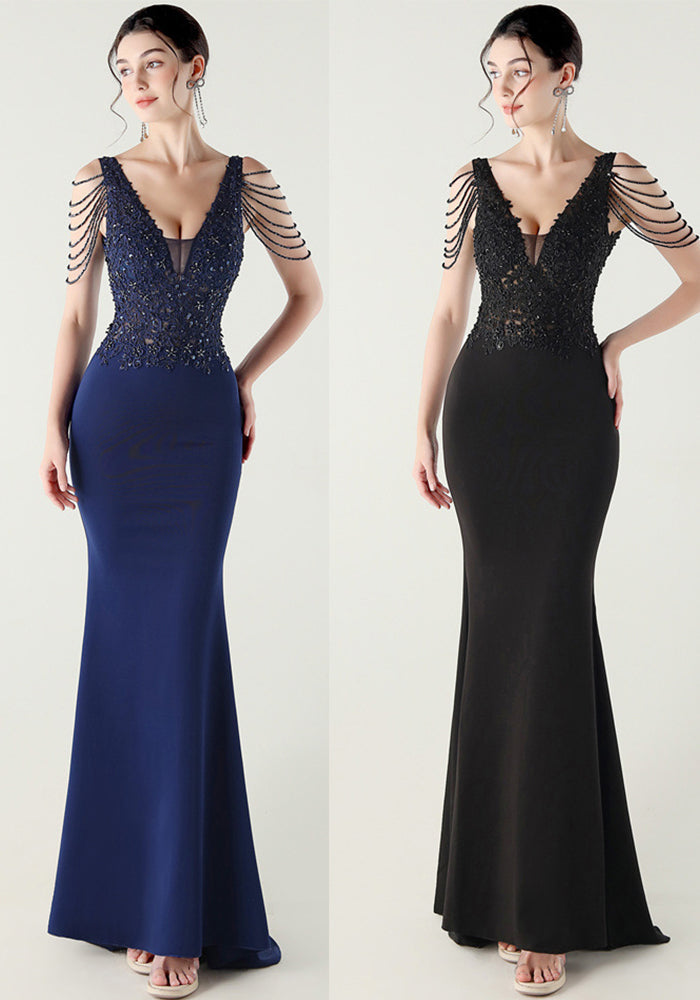 Women Heavy Lace Beaded Slit Fishtail Skirt Sexy Elegant Evening Evening Dress