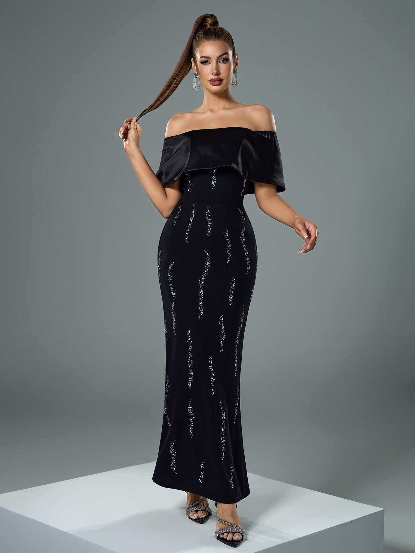 Women Off Shoulder Short Sleeve Beaded Black Bodycon Dinner Dress 6