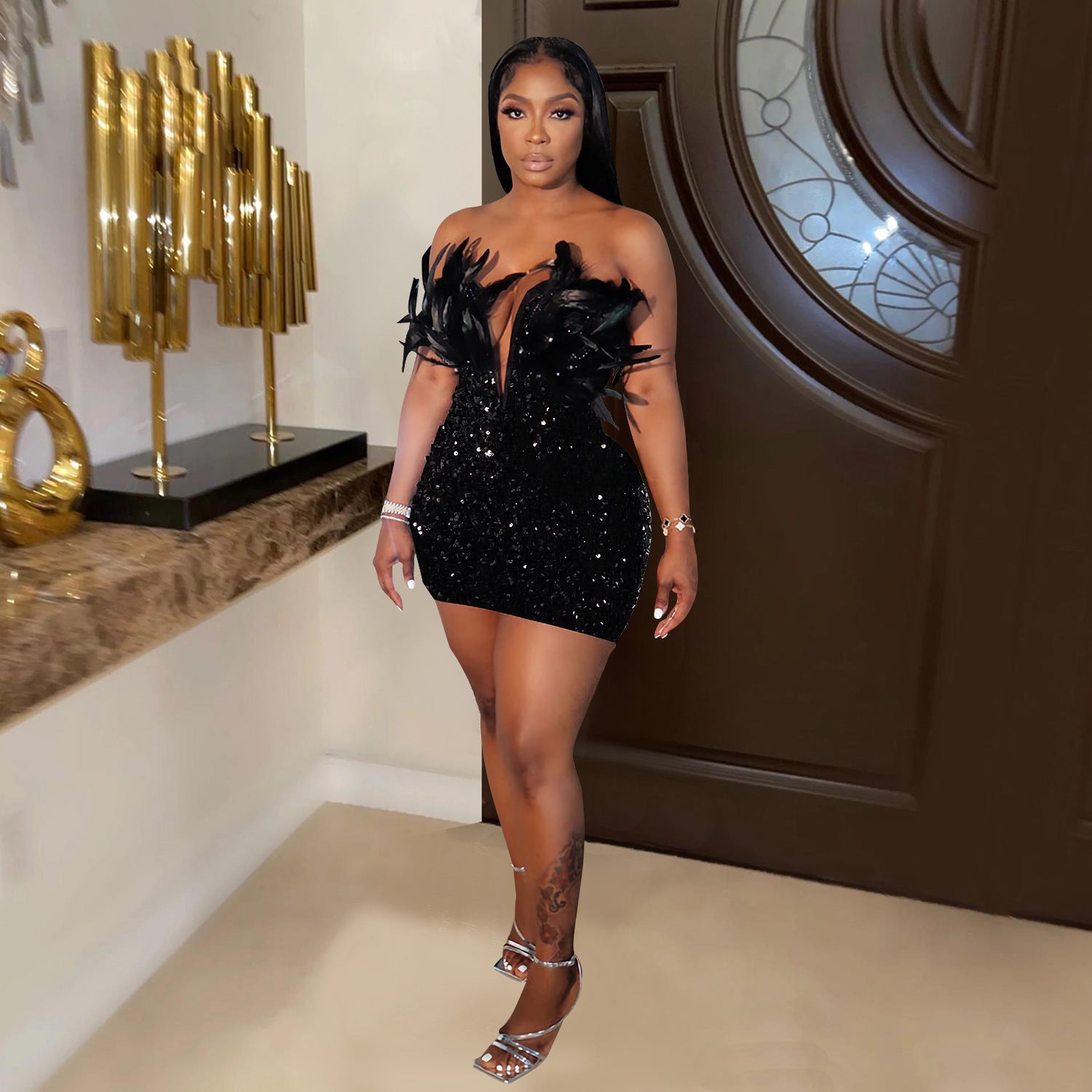 Women Sequin Feather Sleeveless Dress 4