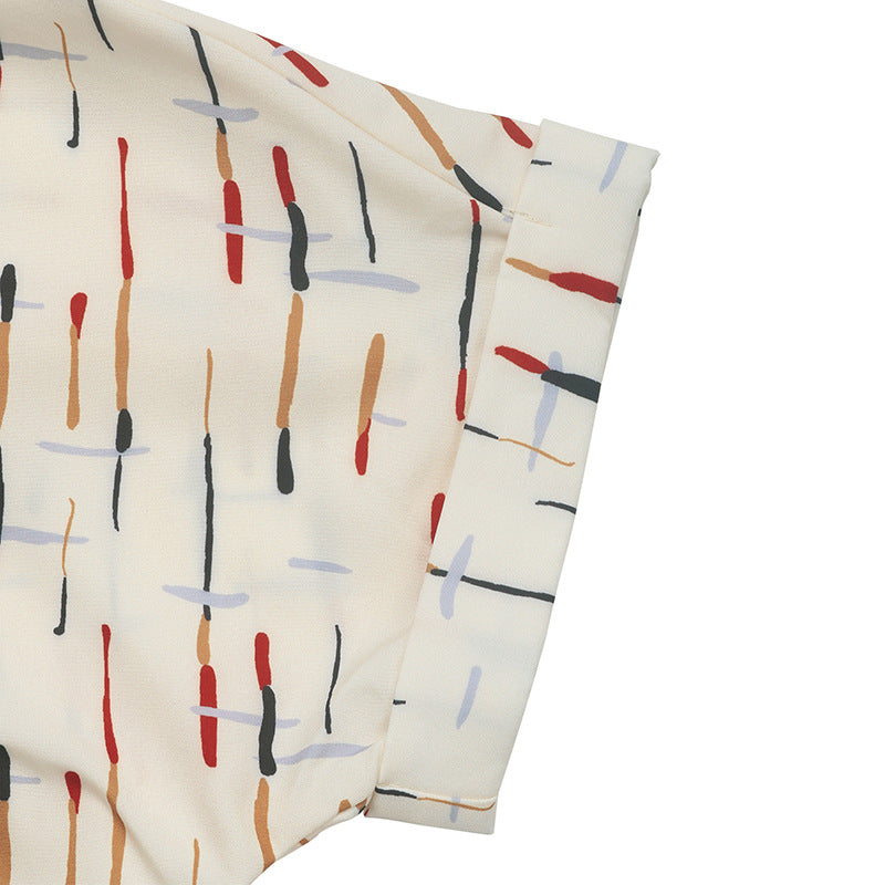 Women Summer Contrast Turndown Collar Line Print Shirt 12