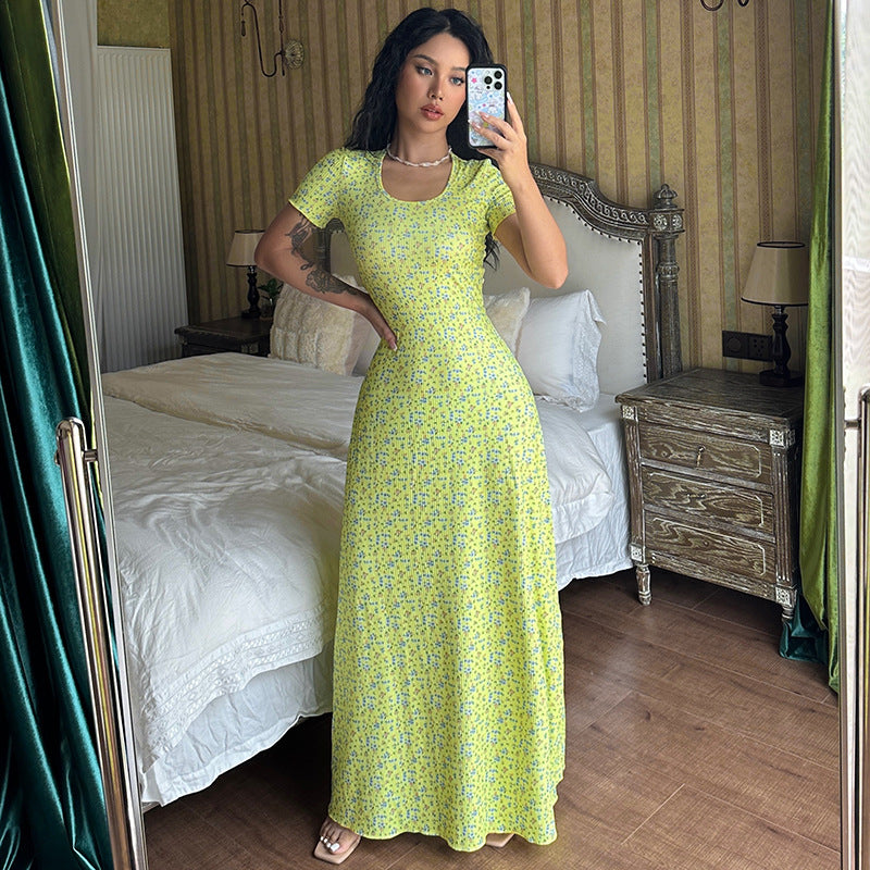 Women Summer Printed U-neck Lace-Up Short Sleeve Dress 3