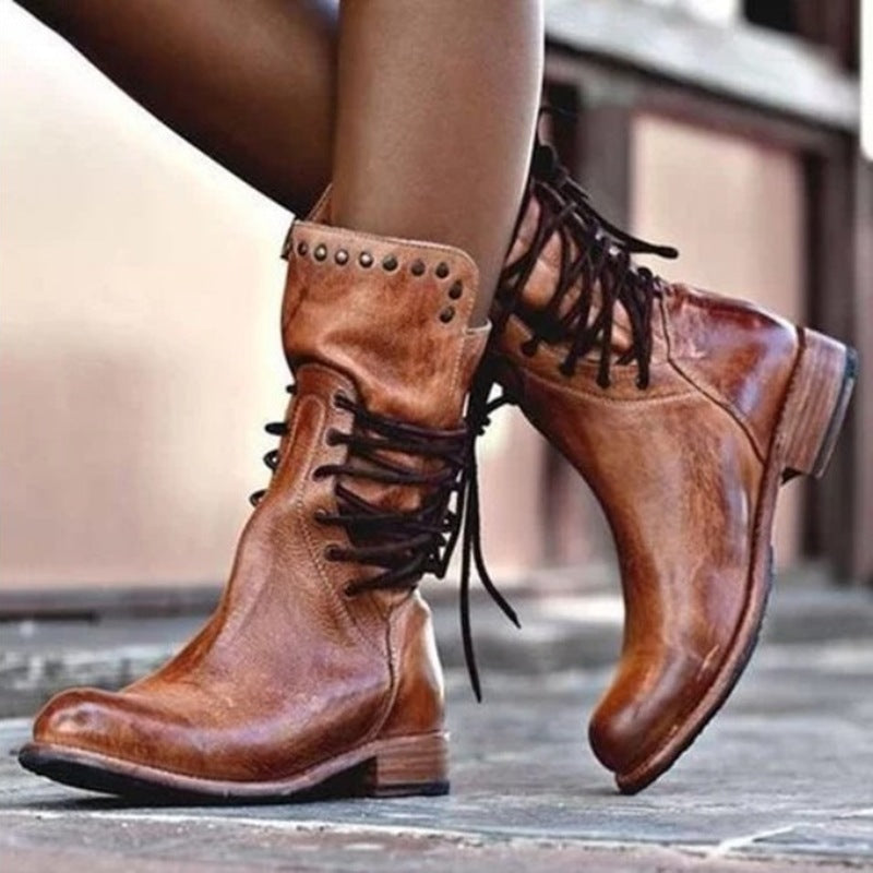 Women Knight Lace-Up thick heel mid-calf Roman boots 9